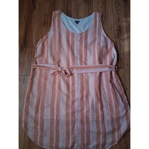 Eddie Bauer Womens 3X Peach White Striped Linen Cotton Sleeveless Belted Dress
